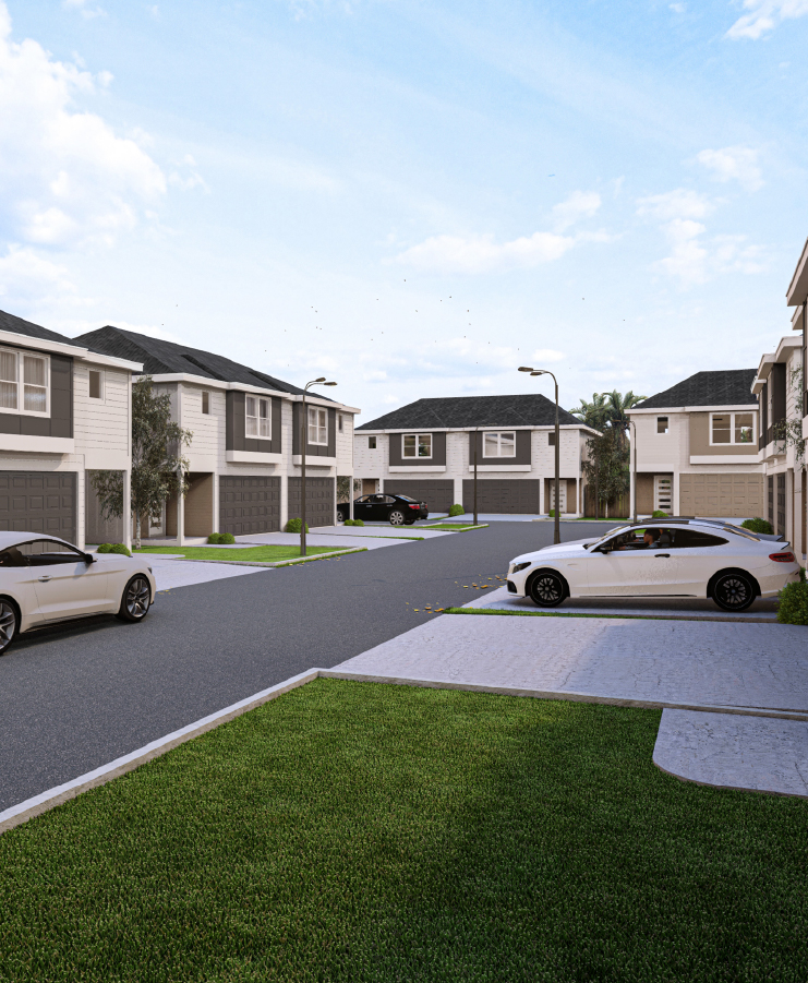 Avenue 103 townhome community exterior with private 2-car garages in Katy TX